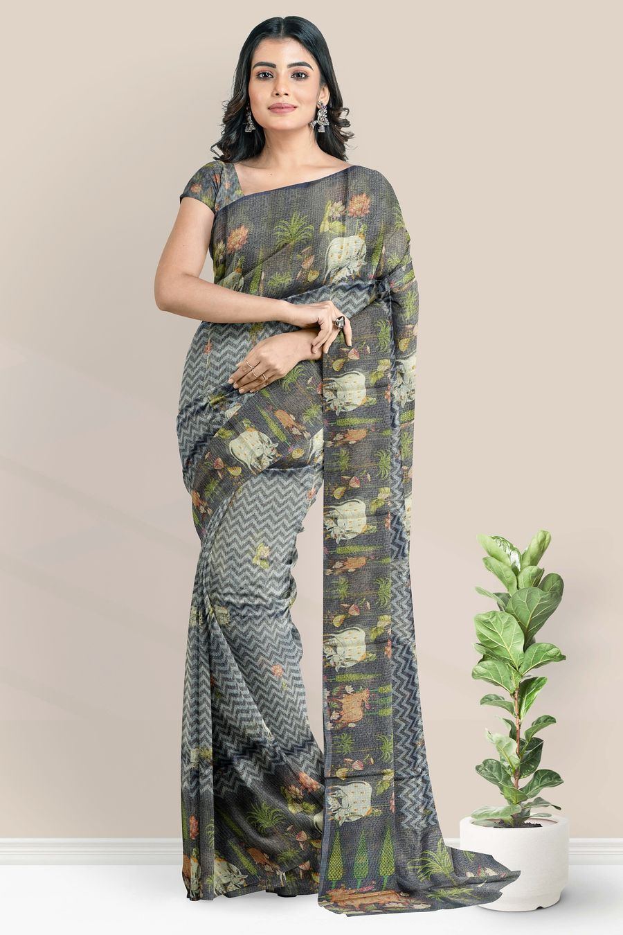 Tissue Kota Printed Border And Waves Design Dark Lavender Saree