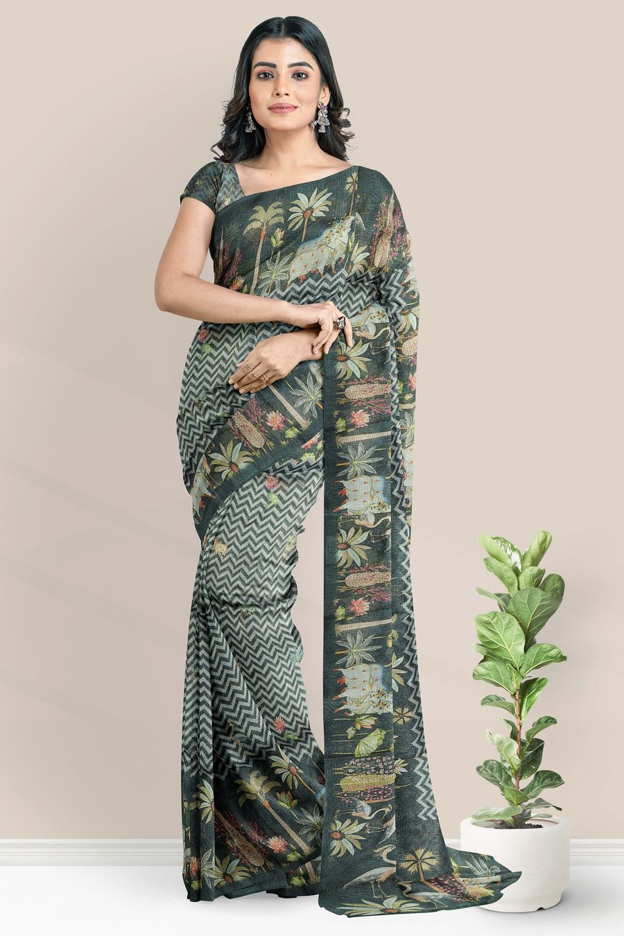 Tissue Kota Printed Border And Waves Design Black Saree