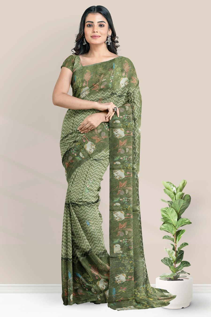 Tissue Kota Printed Border And Waves Design Green Saree