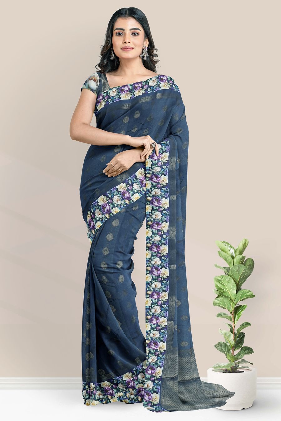 Lenin Silk Satin Border And Weaving Butta Peacock Blue Saree