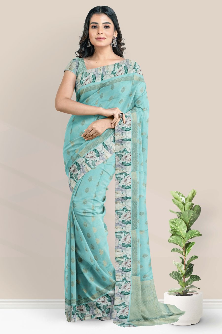 Lenin Silk Satin Border And Weaving Butta Sea Green Saree