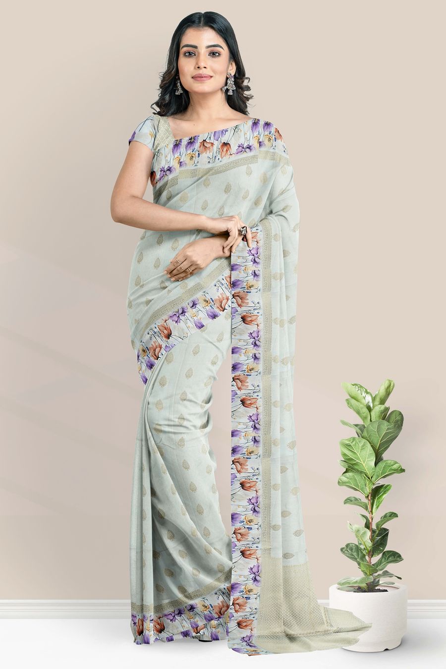 Lenin Silk Satin Border And Weaving Butta Half White Saree