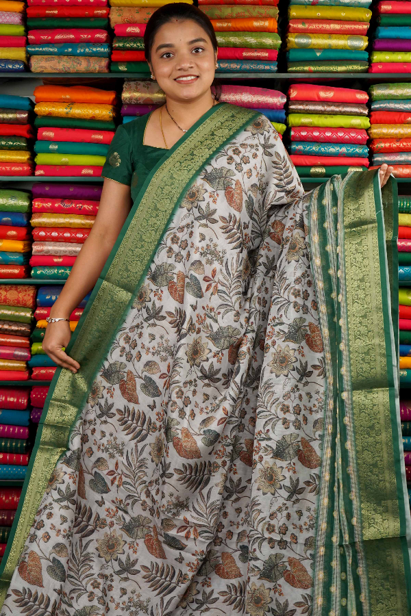 Fancy Silk Digital Print Gray And Green Saree