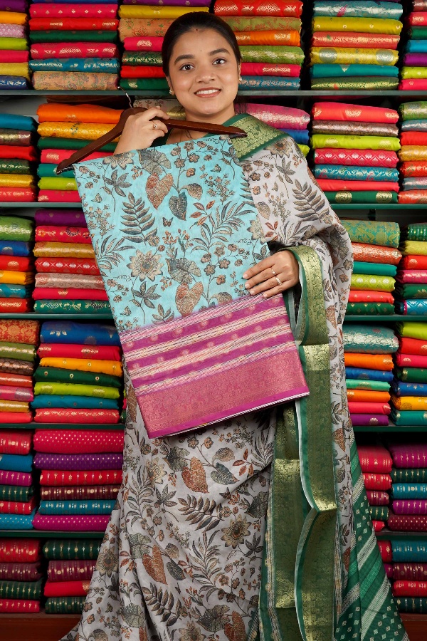 Fancy Silk Digital Print Sky Blue And Pink Saree