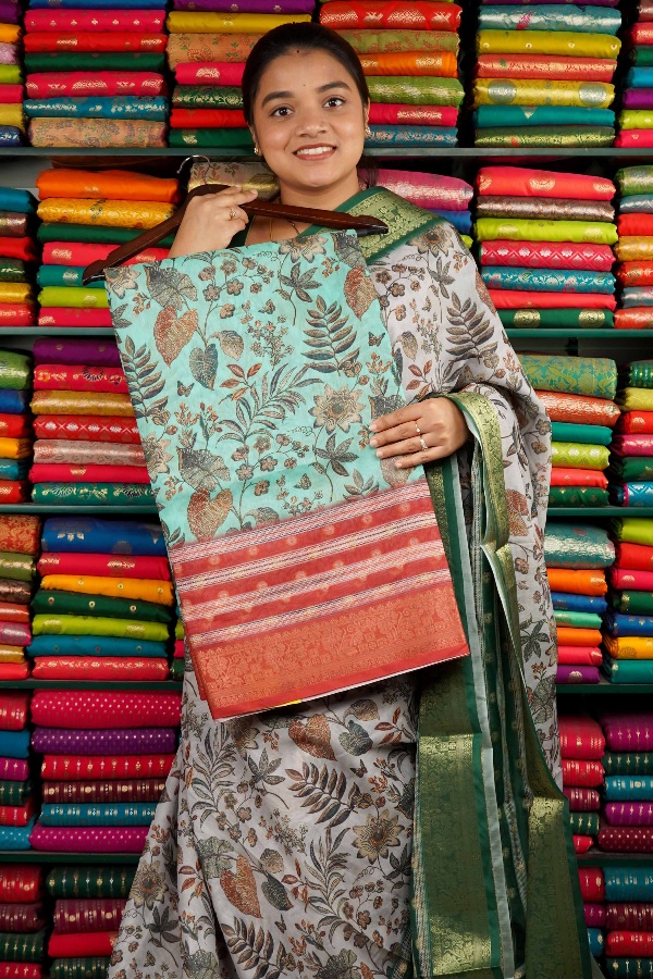 Fancy Silk Digital Print Sea Green And Pink Saree