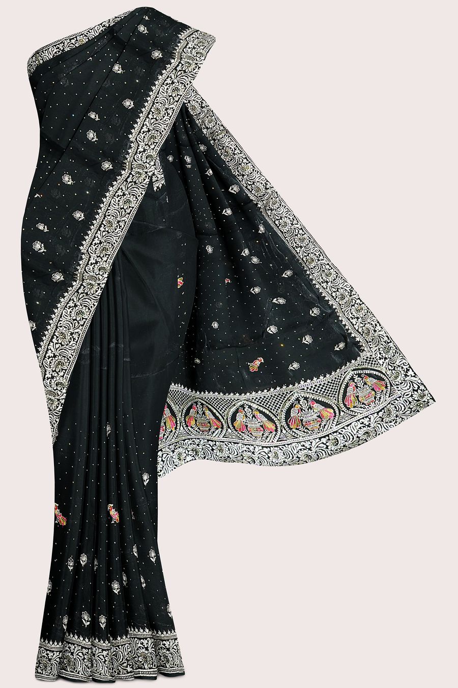 Jimmichoo And Satin Crepe Gold Zari Kundan Work Black Saree