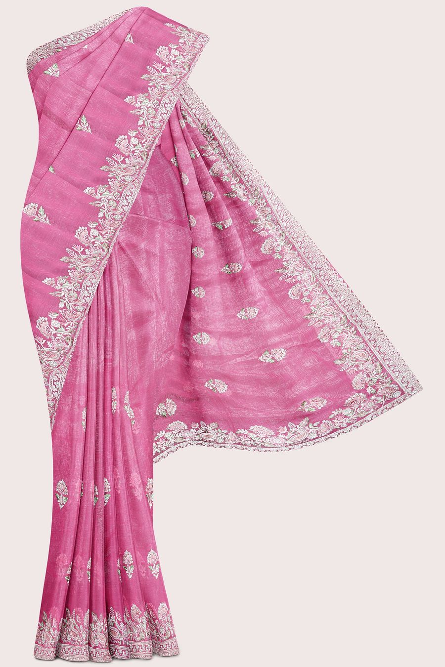 Shimmer Georgette Scallop Border Embroidery Work Pink Saree