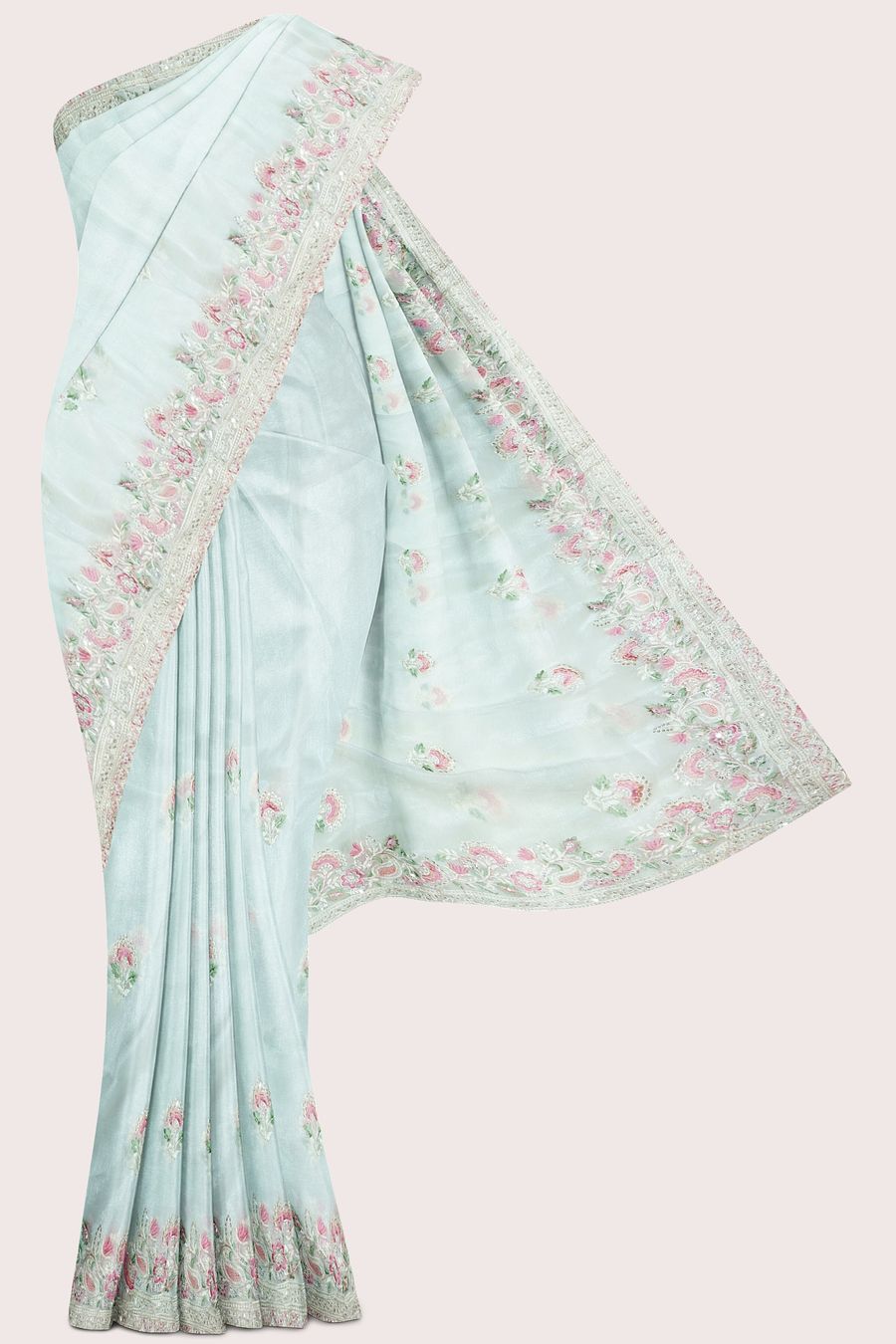 Shimmer Georgette Scallop Border Embroidery Work Half White Saree