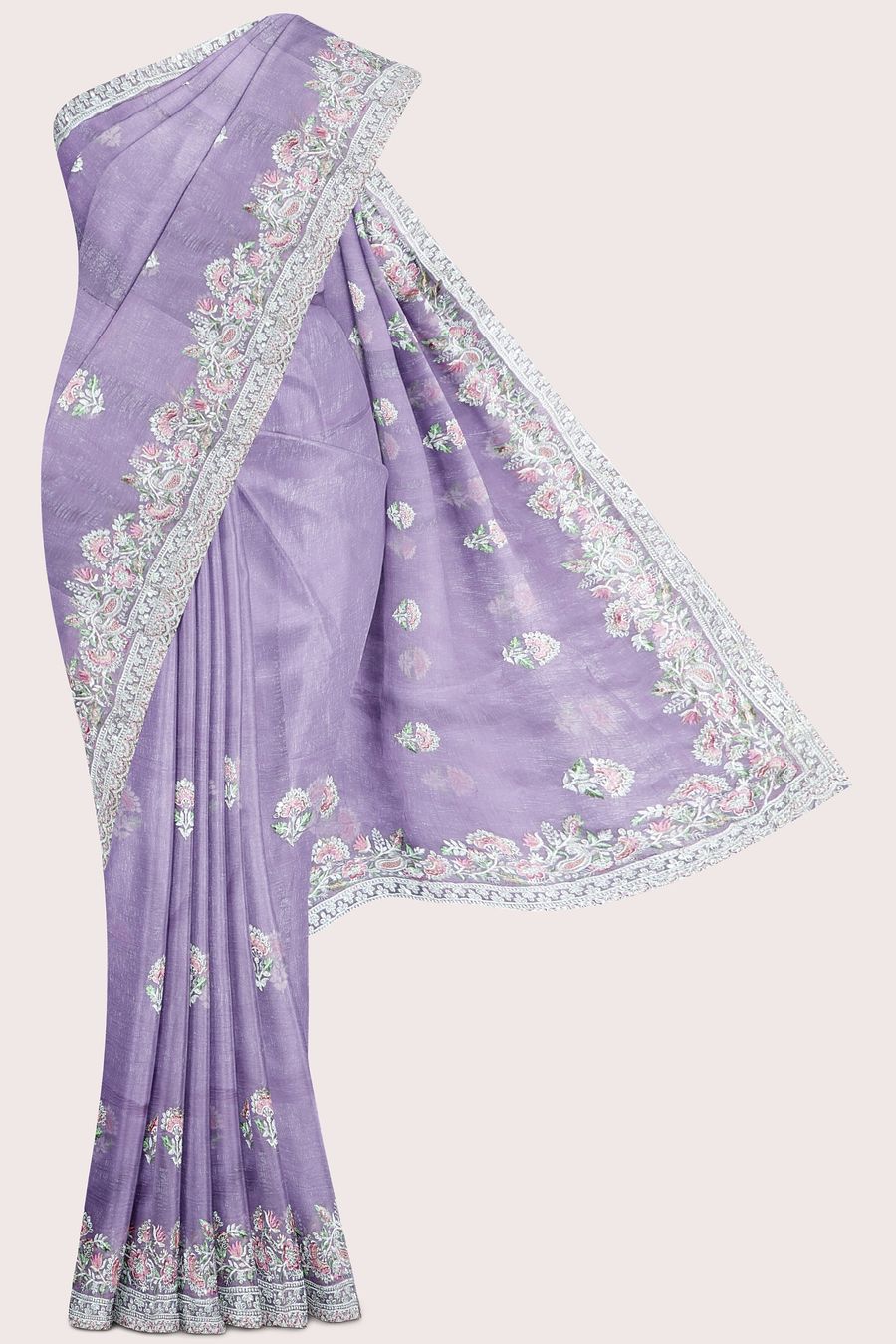 Shimmer Georgette Scallop Border Embroidery Work Lavender Saree