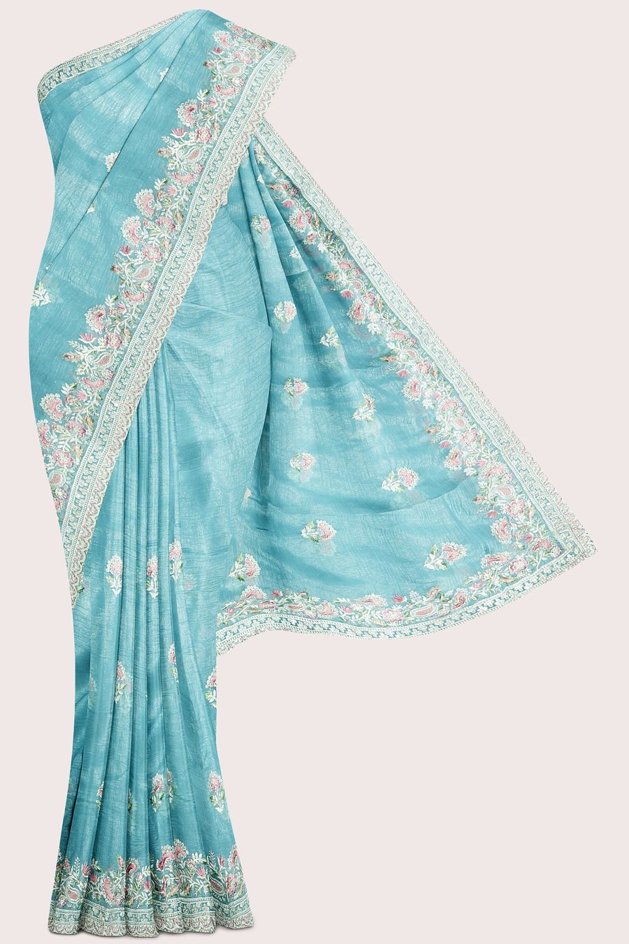 Shimmer Georgette Scallop Border Embroidery Work Light Blue Saree