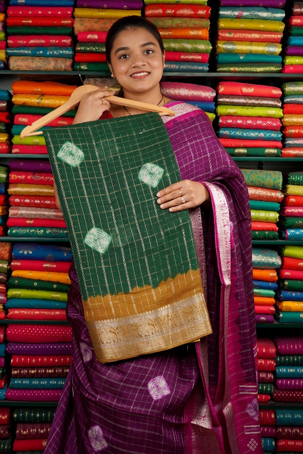 Semi Mangalagiri Silk Bandini Print Green And Dark Musturd Saree