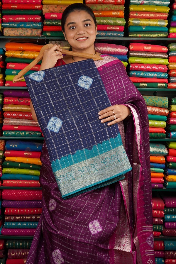 Semi Mangalagiri Silk Bandini Print Dark Navy Blue And Rama Blue Saree