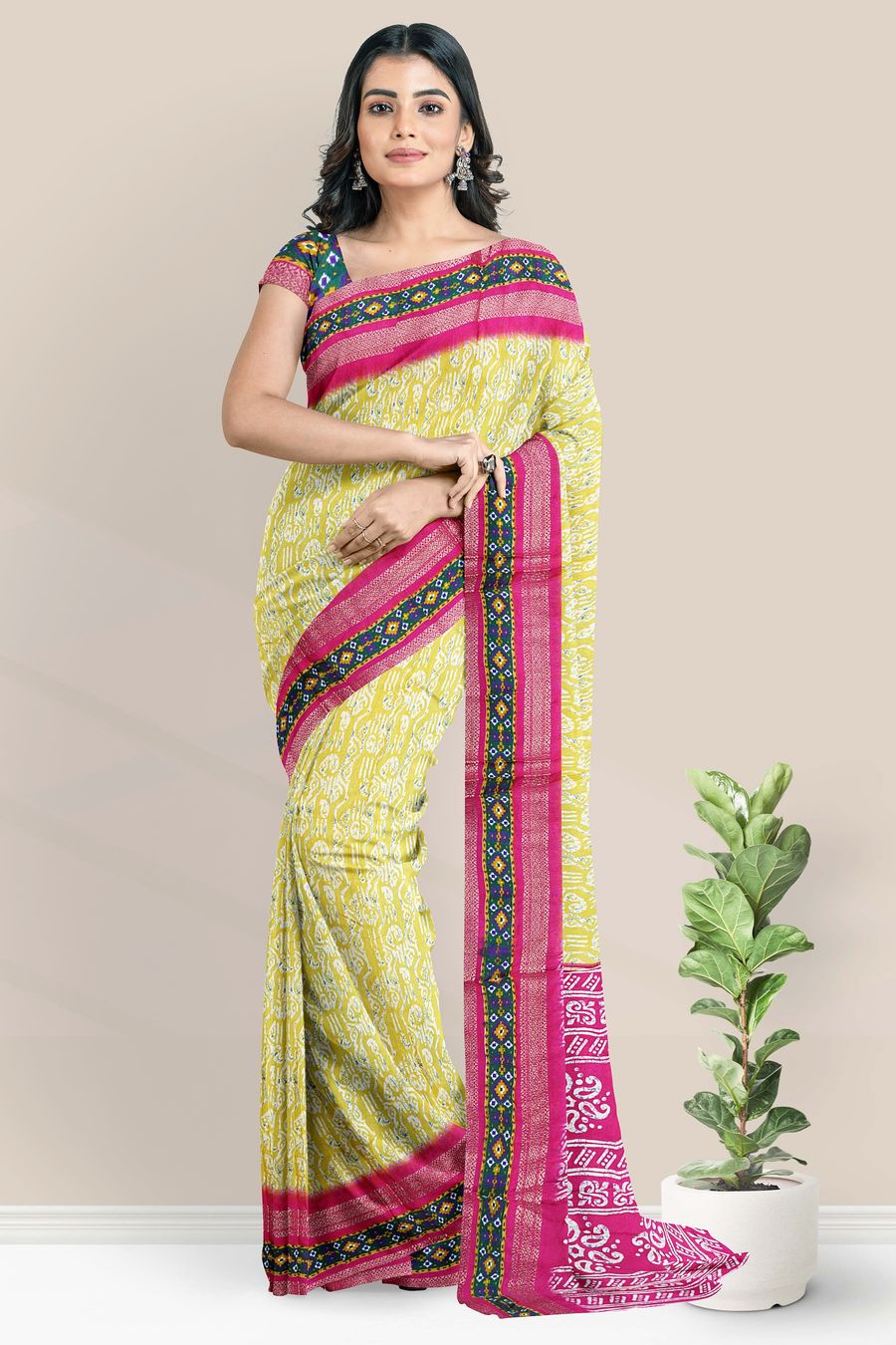 Soft Crushed Silk Gold Zari Batik Print Yellow With Pink Saree