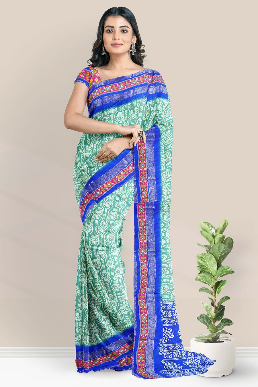 Soft Crushed Silk Gold Zari Batik Print Rama Green With Royal Blue Saree
