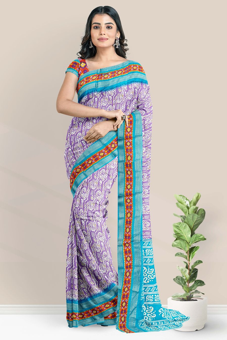 Soft Crushed Silk Gold Zari Batik Print Purple With Rama Green Saree