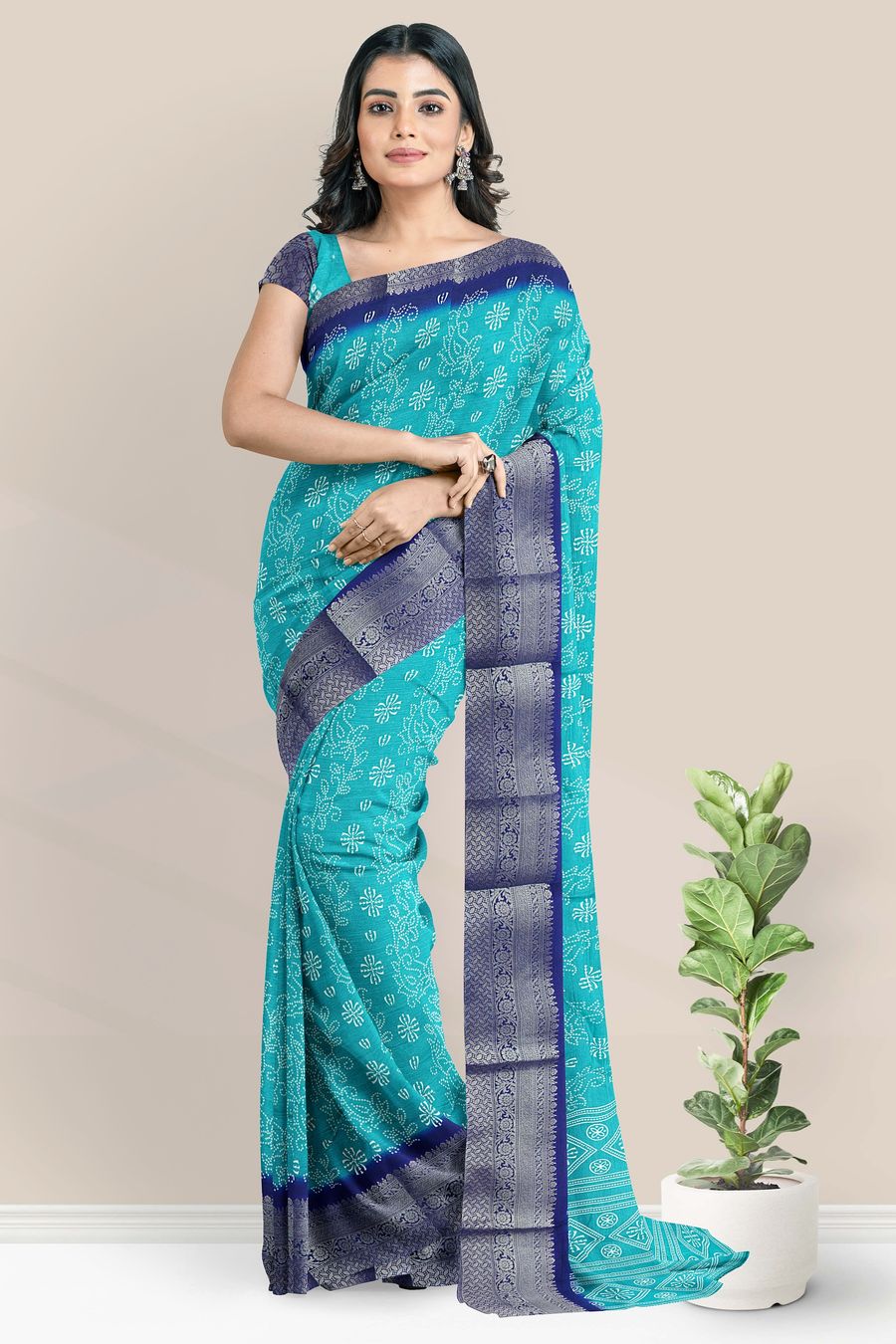 Crepe Zari Weaving Border Bandini Print Rama Green With Navy Blue Saree