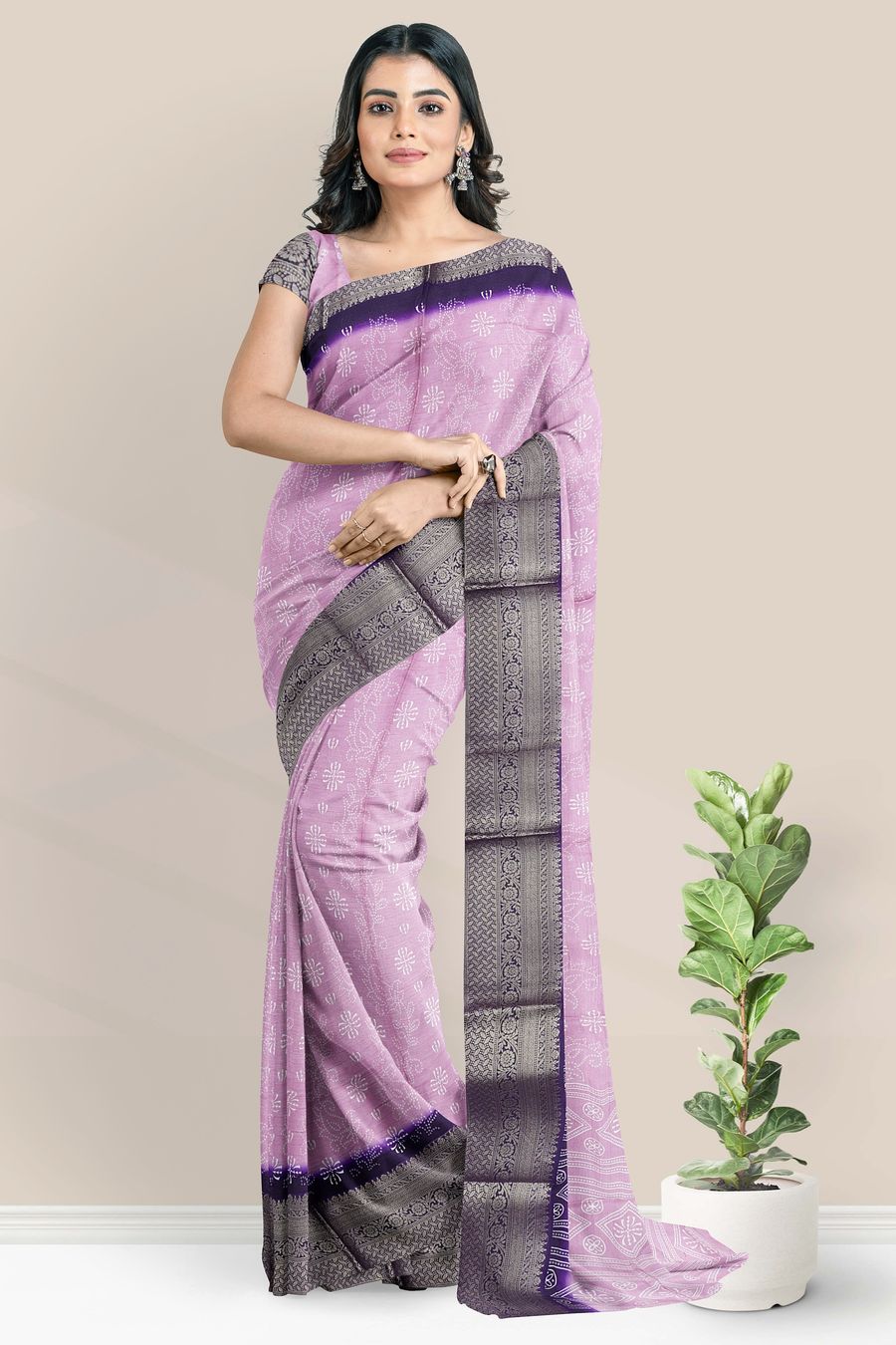 Crepe Zari Weaving Border Bandini Print Pink With Purple Saree