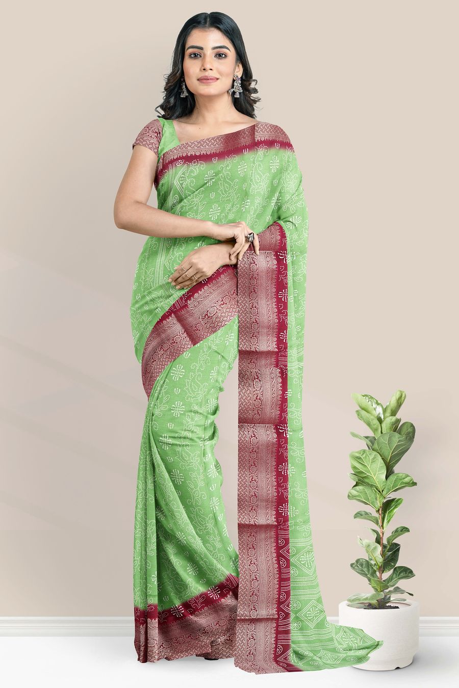 Crepe Zari Weaving Border Bandini Print Parrot Green With Magenta Pink Saree