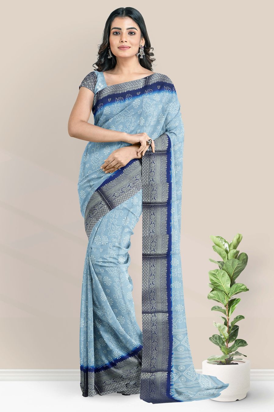 Crepe Zari Weaving Border Bandini Print Grayish Blue With Blue Saree