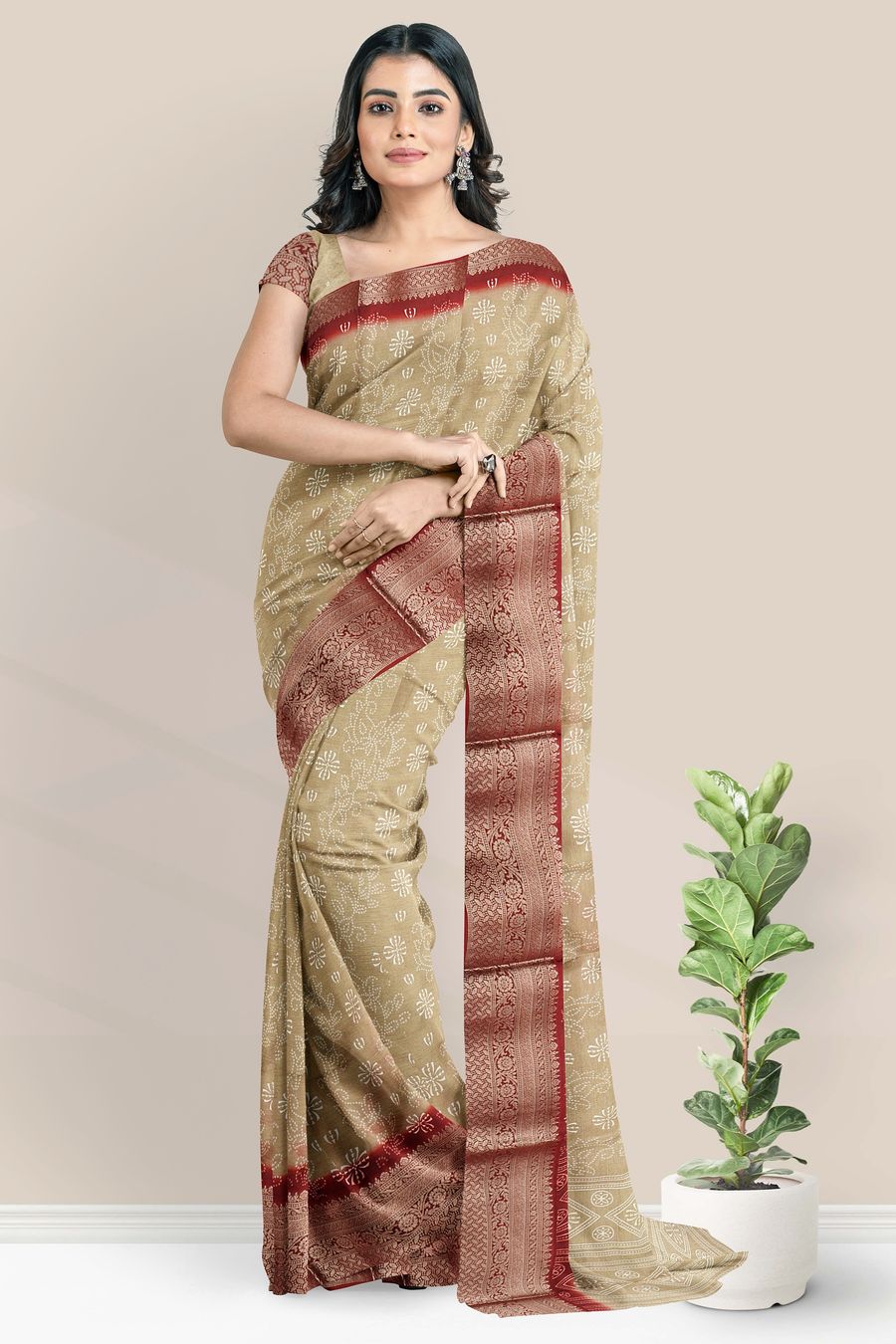 Crepe Zari Weaving Border Bandini Print Brick Red With Maroon Saree