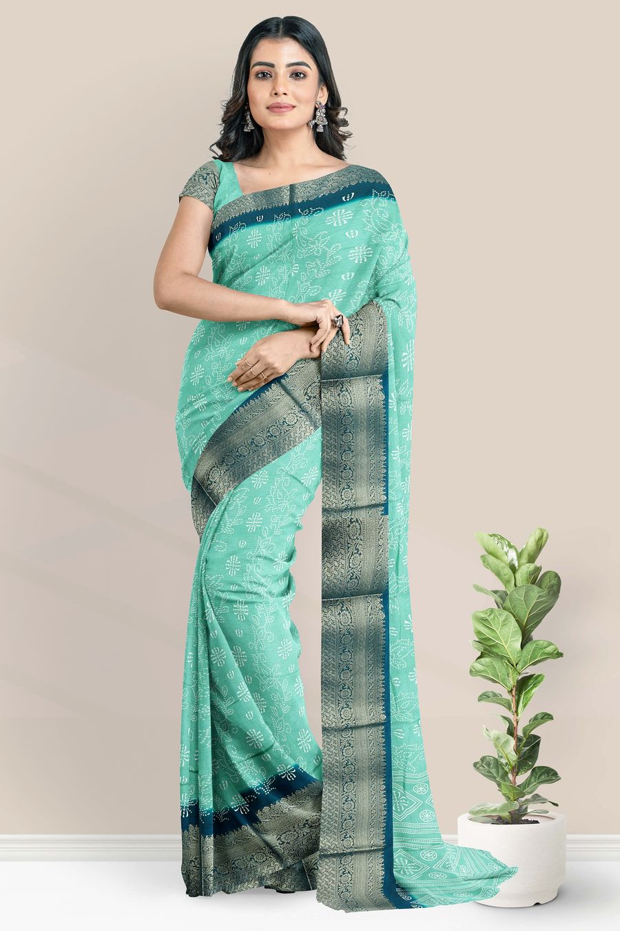 Crepe Zari Weaving Border Bandini Print Sea Green With Green Saree