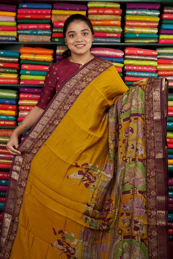Soft Mangalagiri Kalamkari Musturd Yellow And Dark Maroon Saree