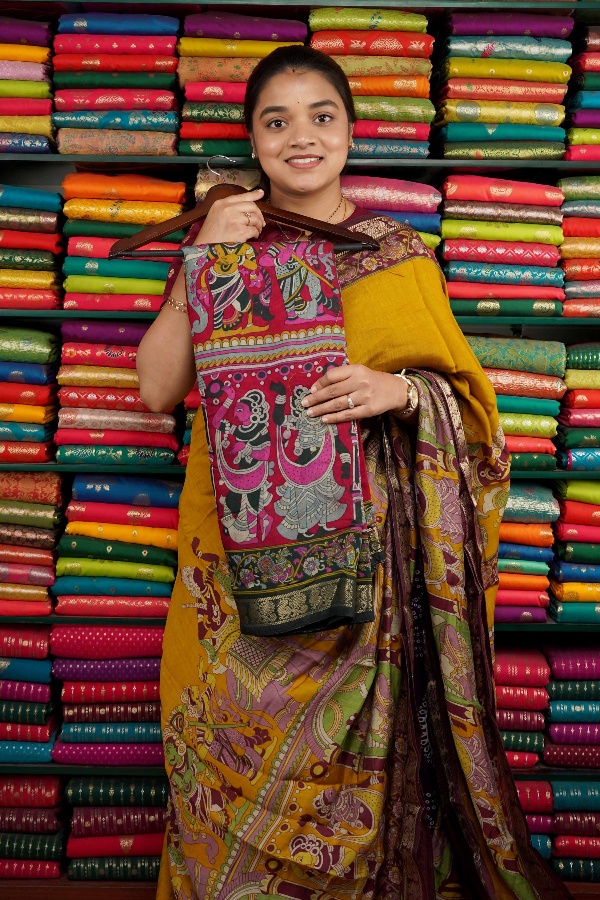 Soft Mangalagiri Kalamkari Reddish Pink Saree