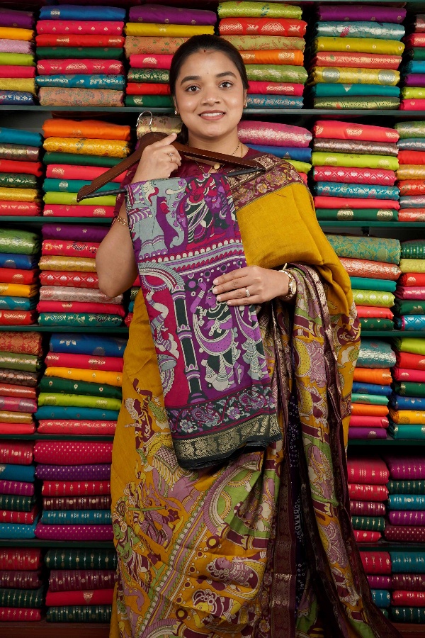 Soft Mangalagiri Kalamkari Purple Saree