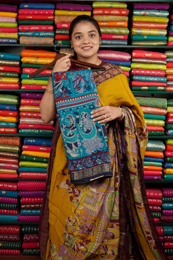 Soft Mangalagiri Kalamkari Dark Coppersulphate Blue And Navy Blue Saree