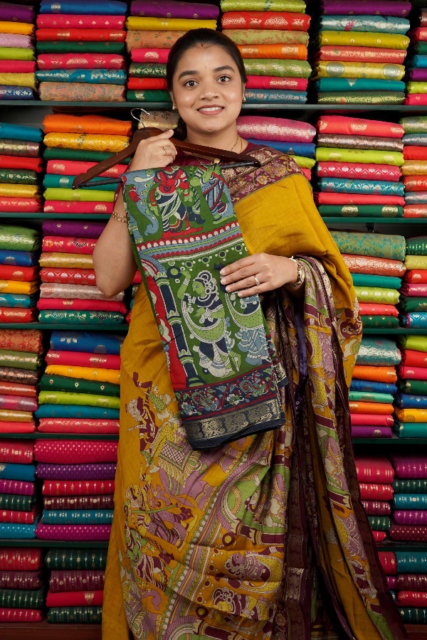 Soft Mangalagiri Kalamkari Green And Dark Blue Saree