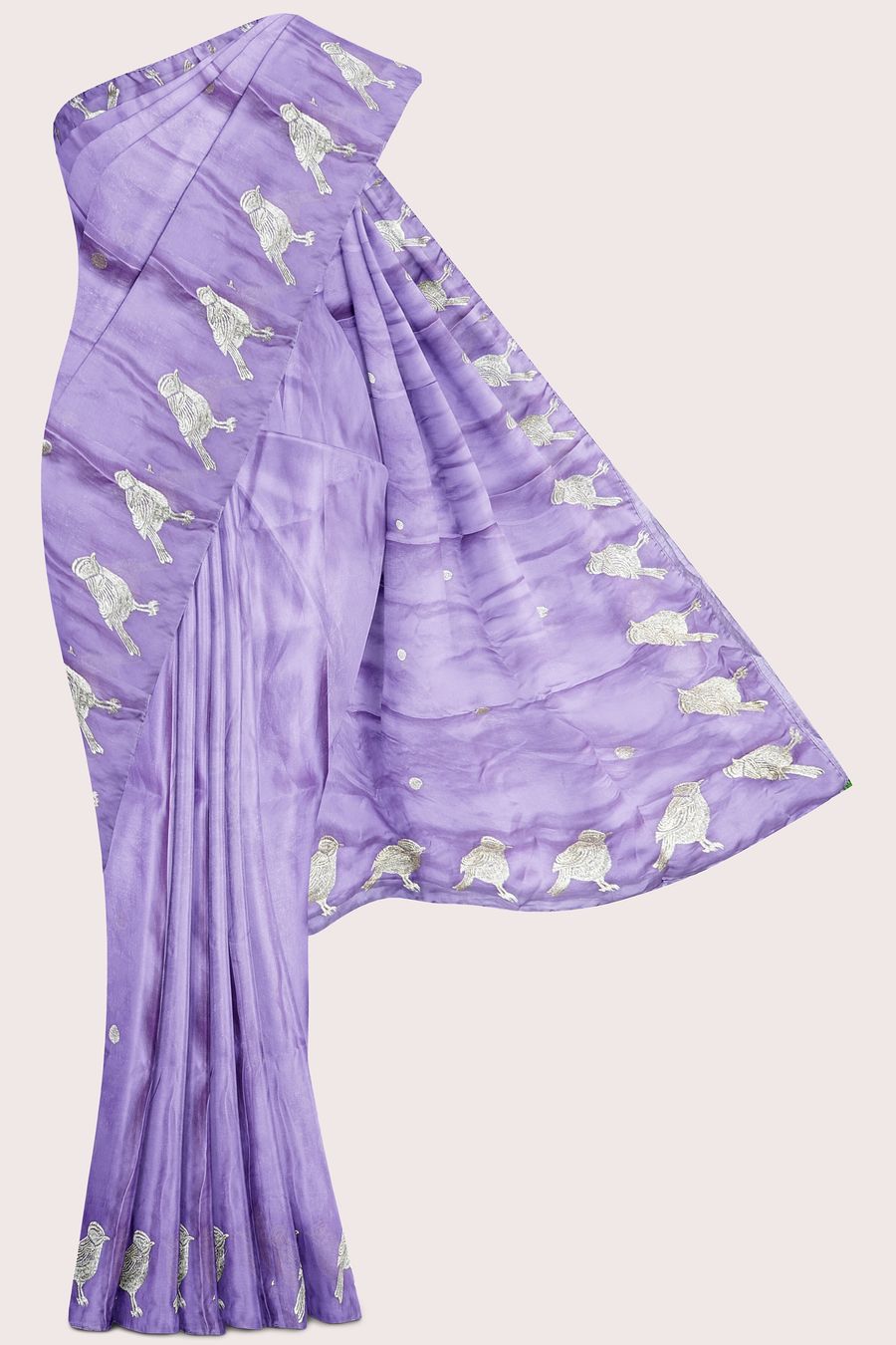 Chinon Crepe Silk Birds Design And Butti Lavender Saree