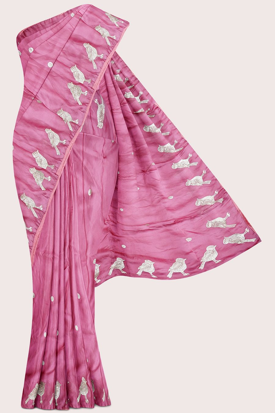 Chinon Crepe Silk Birds Design And Butti Pink Saree