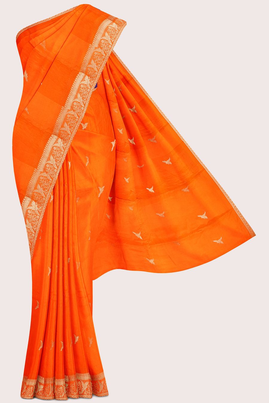 Chinon Crepe Silk Gold Zari Birds Design Orange With Purple Saree