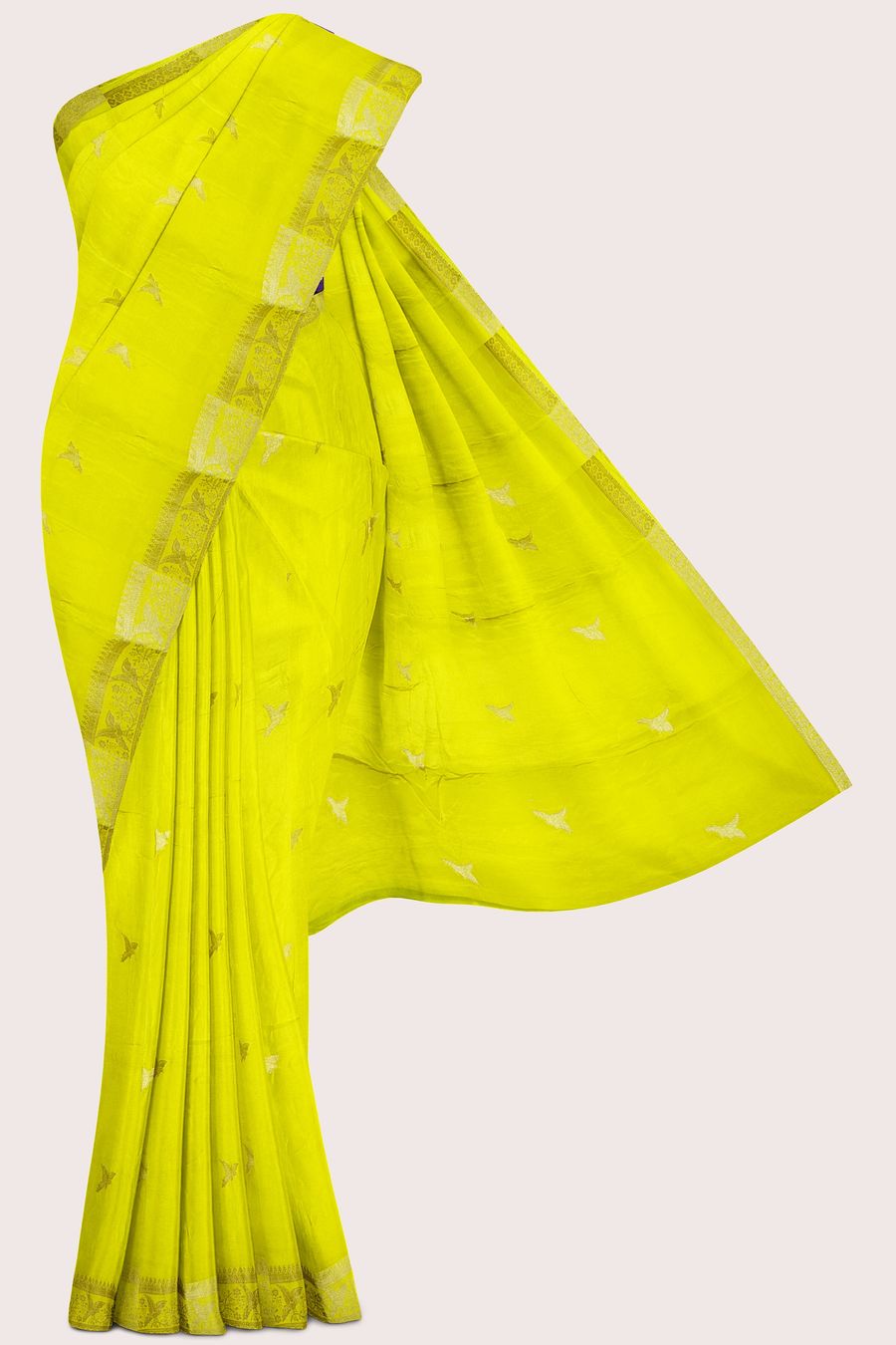 Chinon Crepe Silk Gold Zari Birds Design Lemon Yellow With Purple Saree