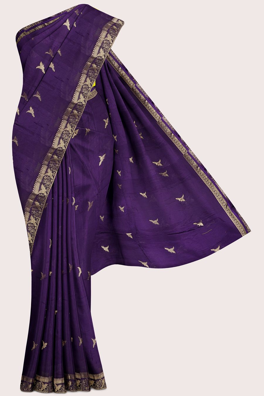 Chinon Crepe Silk Gold Zari Birds Design Purple With Lemon Yellow Saree