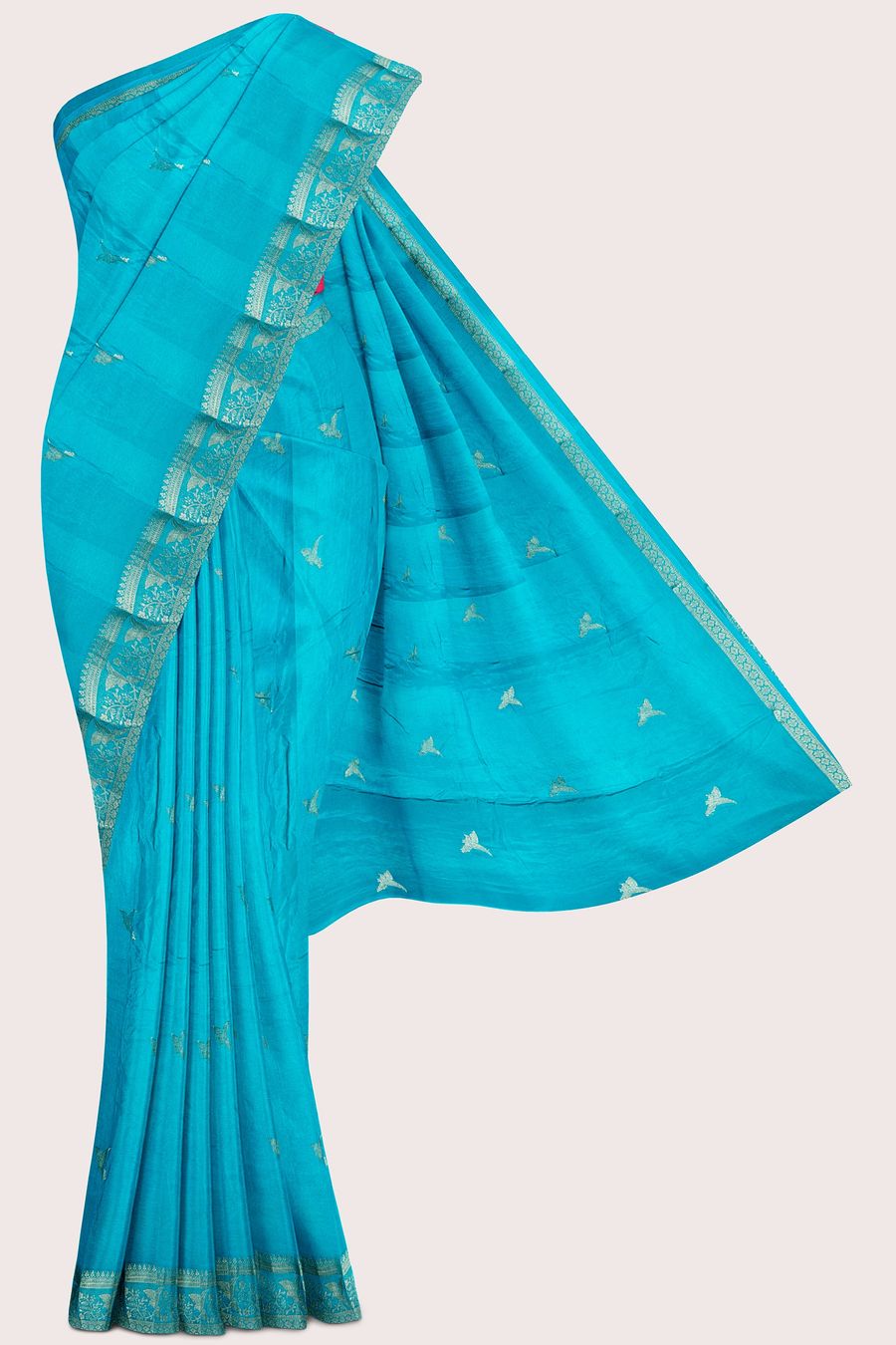 Chinon Crepe Silk Gold Zari Birds Design Rama Green With Pink Saree