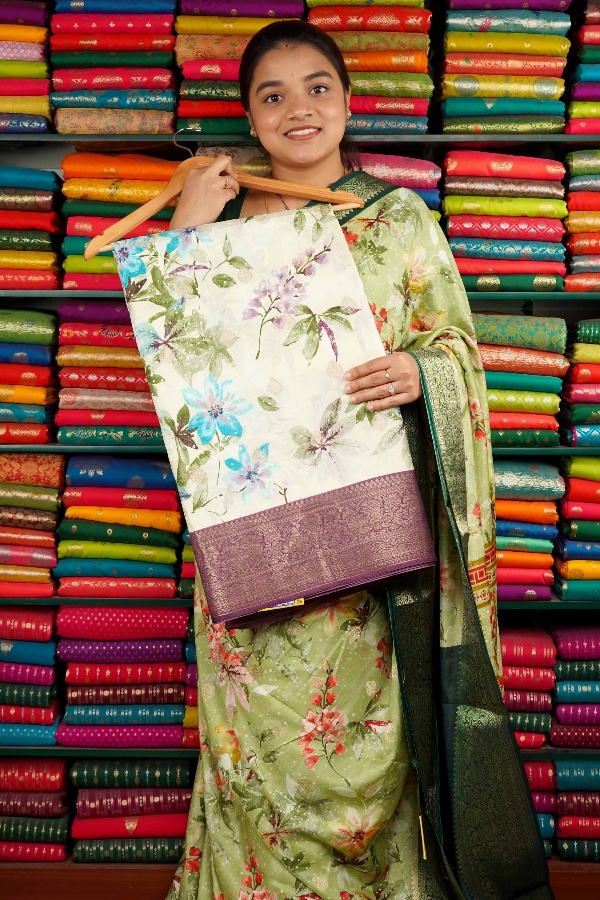 Dola Silk Digital Print Half White And Dark Purple Saree