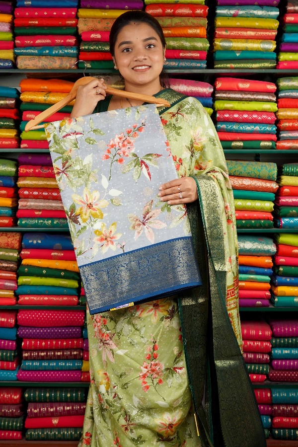 Dola Silk Digital Print Gray And Dark Blue Saree
