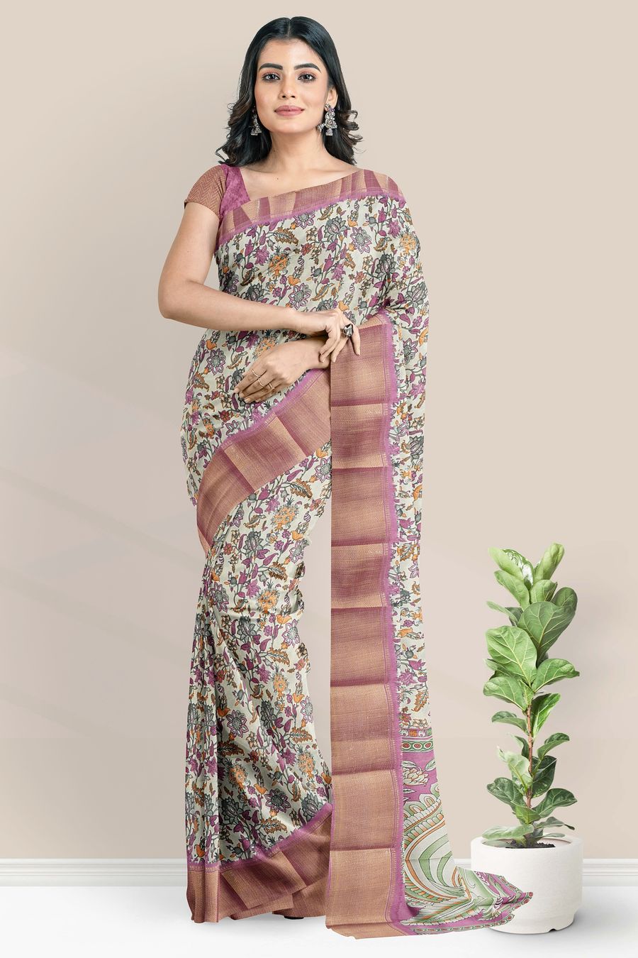 Semi Tussar Silk Brocade Border Floral Print Wheat With Pink Saree