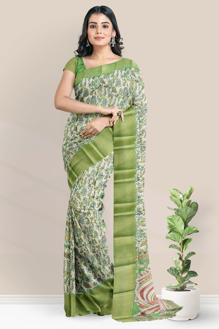 Semi Tussar Silk Brocade Border Floral Print Wheat With Green Saree