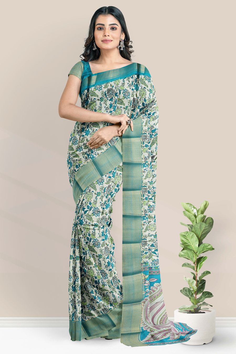 Semi Tussar Silk Brocade Border Floral Print Wheat With Blue Saree