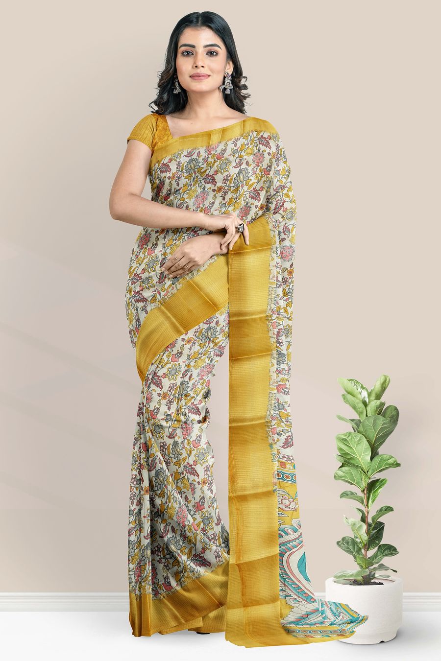 Semi Tussar Silk Brocade Border Floral Print Wheat With Yellow Saree