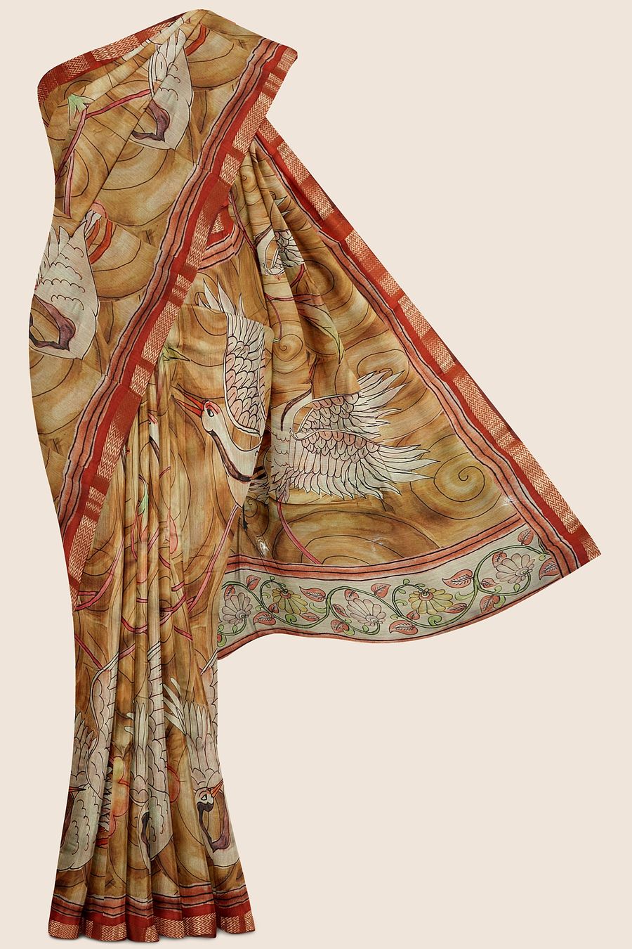 Maheswari Silk Printed MustardYellow And Maroon Red Saree