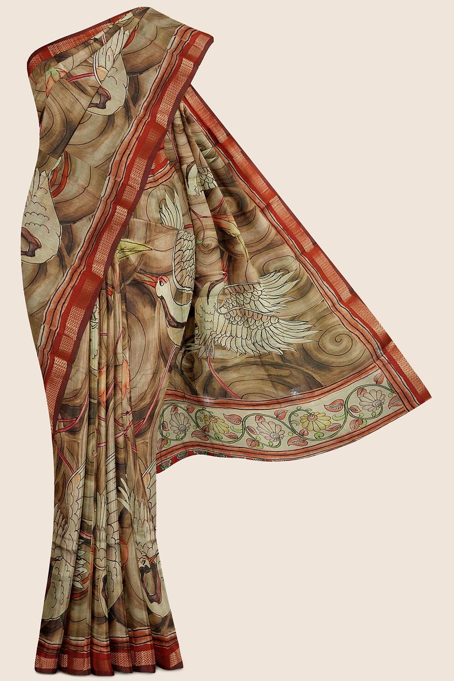 Maheswari Silk Printed Snaf And Maroon Red Saree