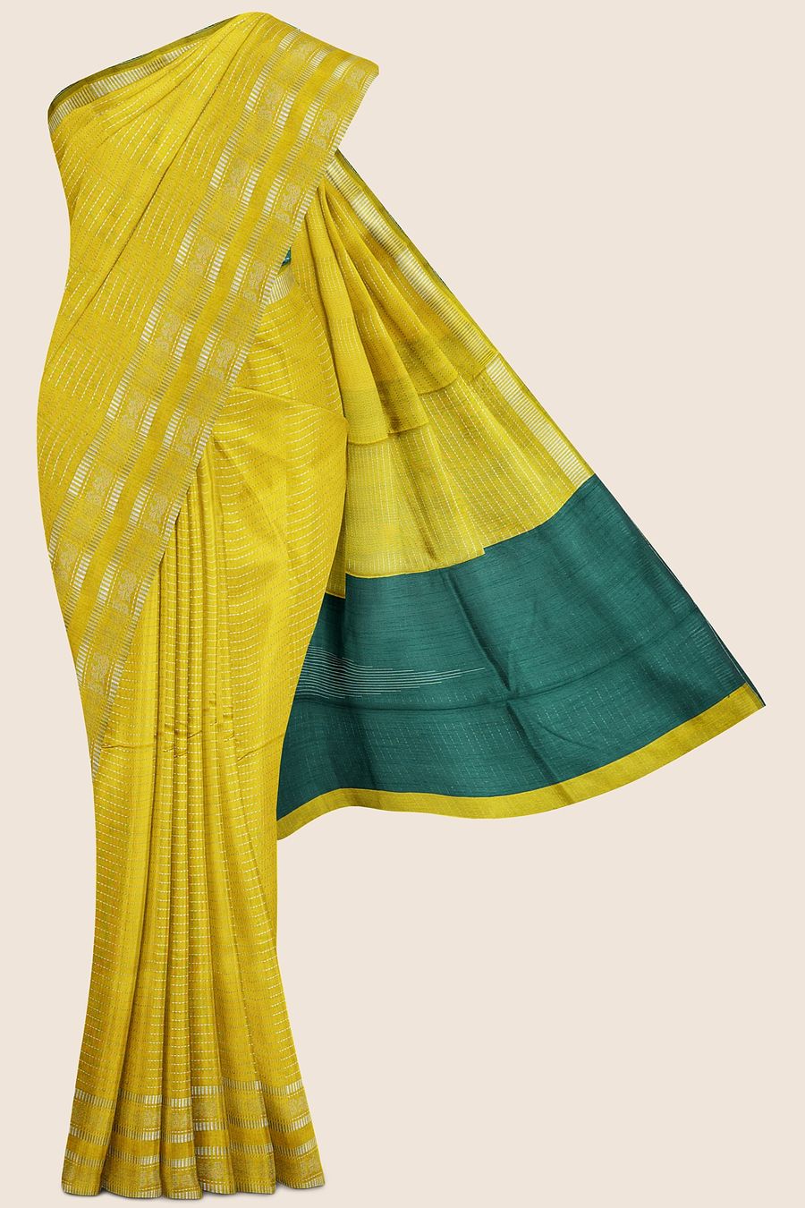Bhagalpuri Silk Silver Zari MustardYellow And Green Saree