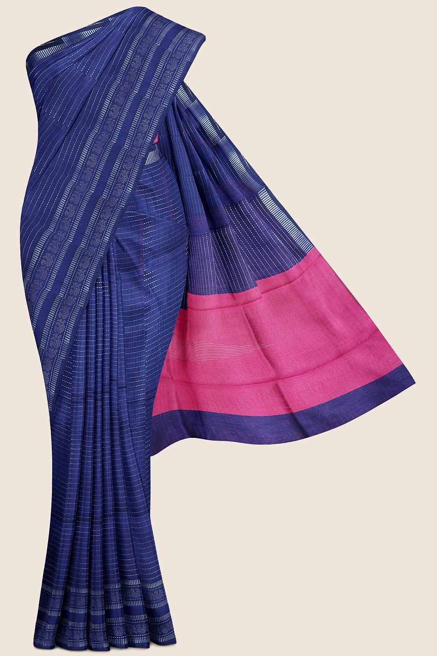 Bhagalpuri Silk Silver Zari NavyBlue And Pink Saree