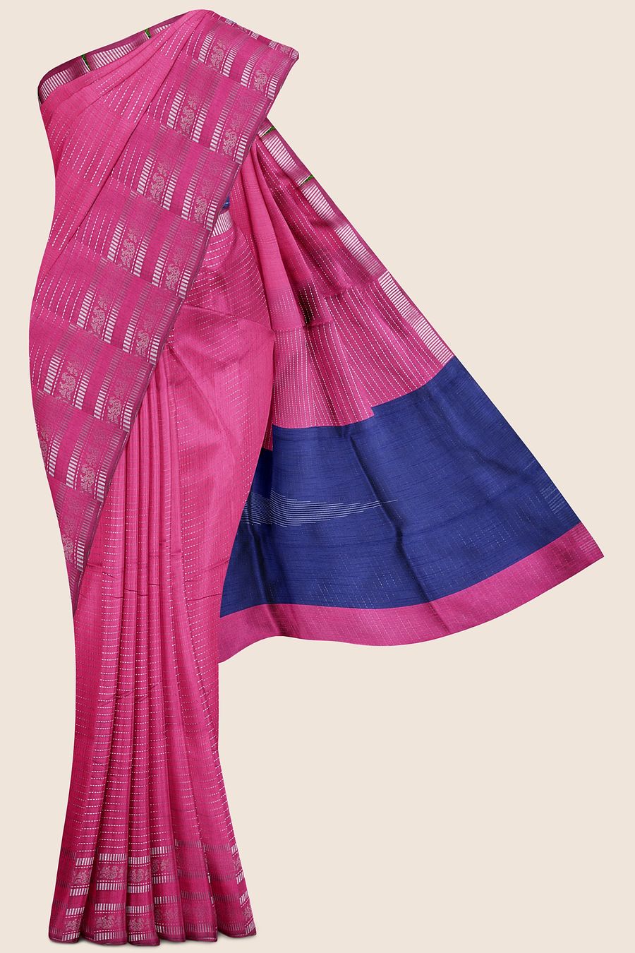 Bhagalpuri Silk Silver Zari Pink And NavyBlue Saree
