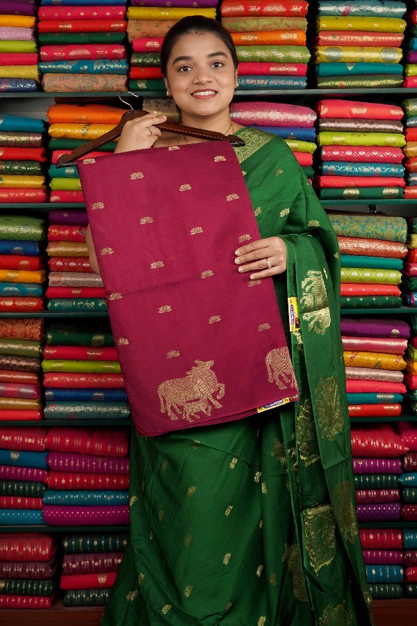 Mashru Silk Lotus Butta Wine And Yellow Saree