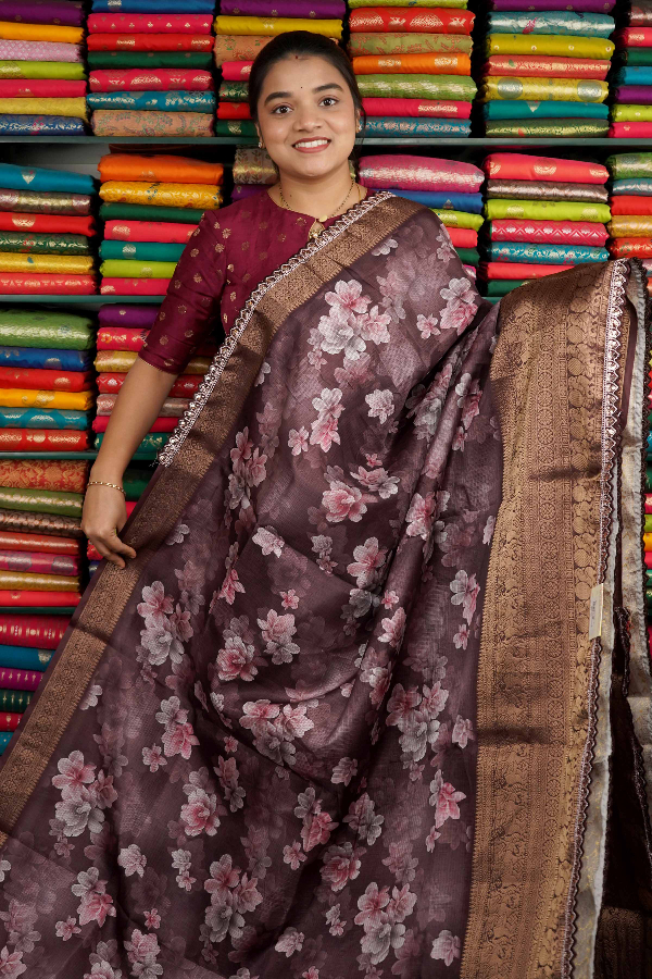 Kota Lace Border Digital Print Dark Wine Saree