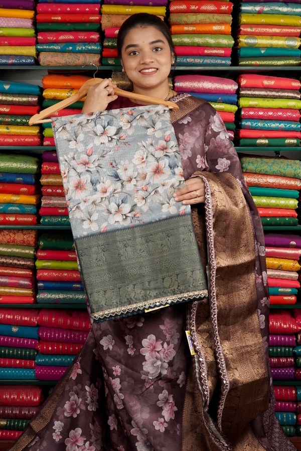 Kota Lace Border Digital Print Gray Saree
